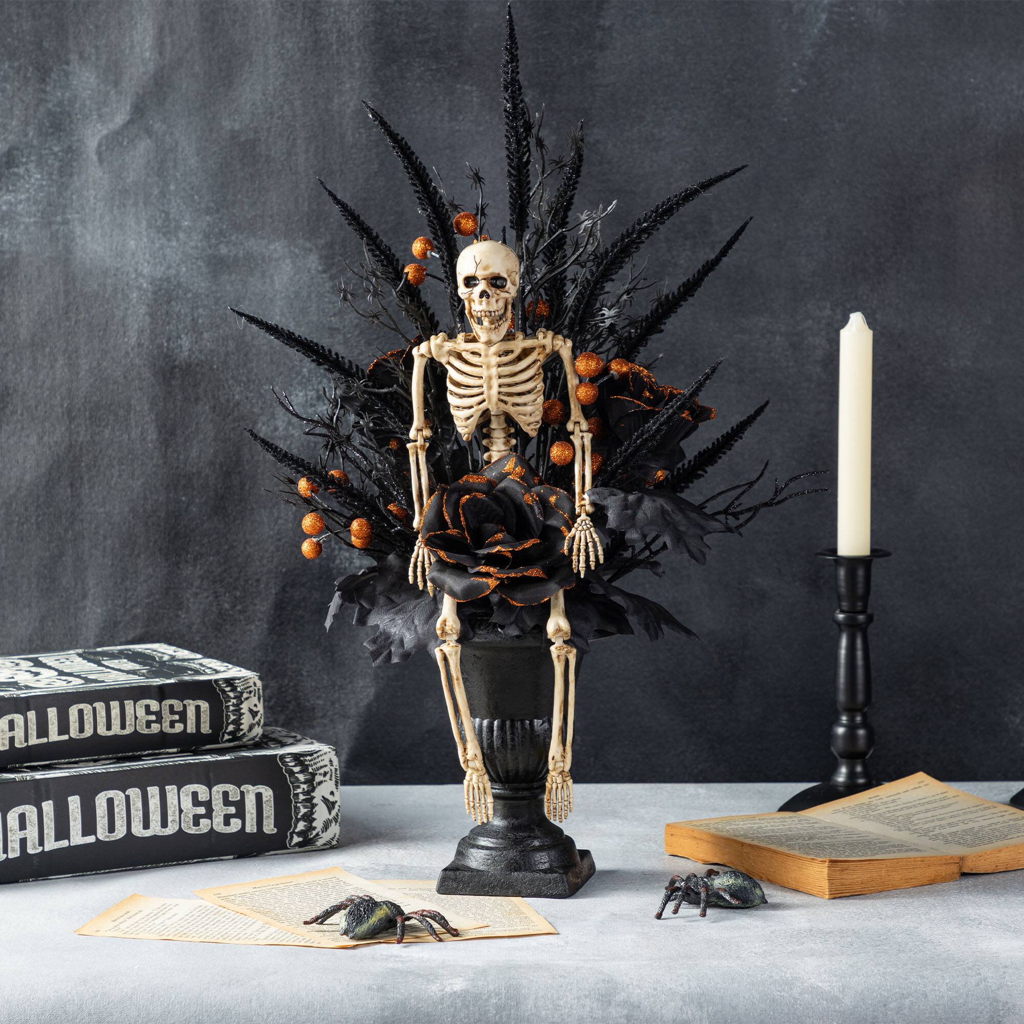 Glitzhome® 22"H Halloween Black Rose, Skeleton and Berry Urn Table Tree